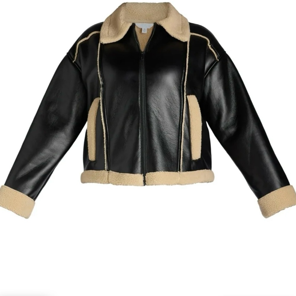 Time and Tru Bonded Faux Shearling Bomber Jacket, Black Soot and Almond